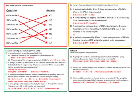 Elastic Potential Energy Epe Worksheet And Answers Teaching Resources