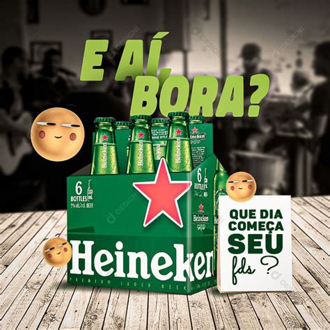 An Advertisement For Heineken Beer On A Wooden Table