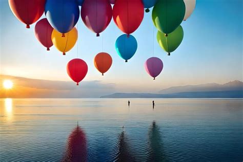 Globos Flotando En El Agua Con La Puesta De Sol Detr S De Ellos Foto