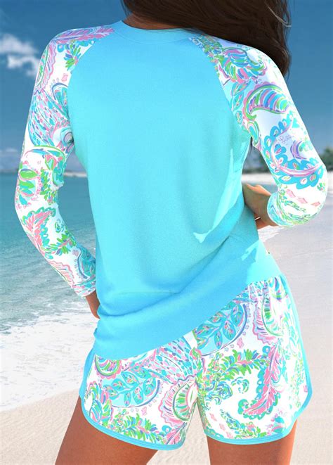 Paisley Print Patchwork Cyan Tankini Set Usd 38 98