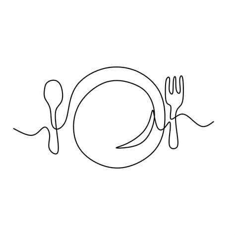 Continuous Line Drawing Of Hand Drawn Plate Spoon And Fork At The