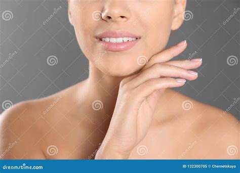 Closeup View Of Beautiful Young Woman On Grey Background Lips Contouring Skin Care And