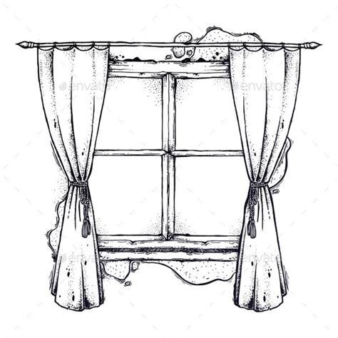 Vintage Line Art Of A Window And Beautiful Curtains Sketch Interior