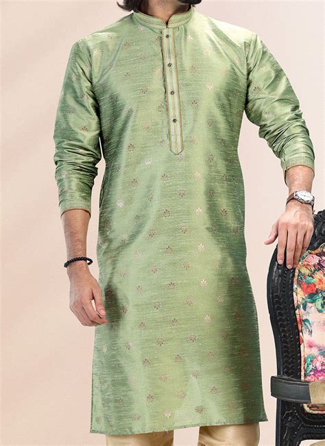 Shop Green Banarasi Silk Jacquard Work Kurta Pyjama Party Wear Online