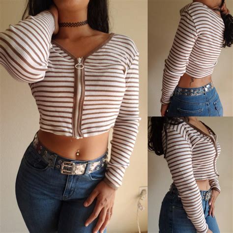 Vintage Y2K cropped ribbed long sleeve with front... - Depop