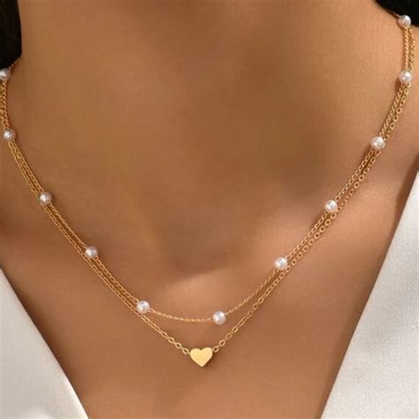 Ketting Met Hartje En Parel Goud Kleurig Staal Delig Ketting Met