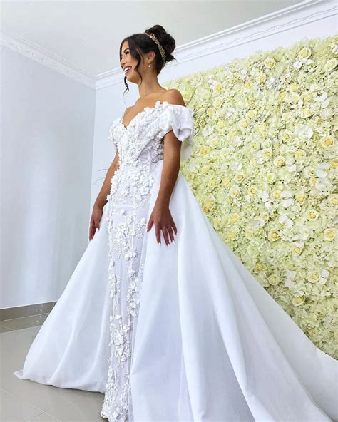 Luxury Off Shoulder Mermaid Overskirt Wedding Dress With Flower