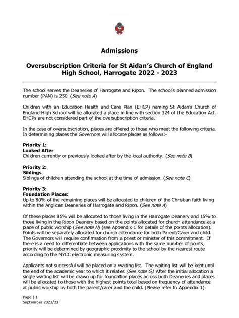 Fillable Online Admissions Oversubscription Criteria For St Aidan S