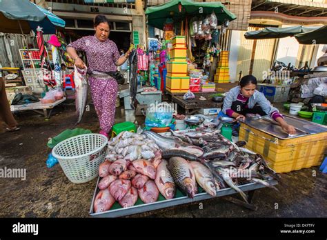 Fresh Fish At Street Market In The Capital City Of Phnom Penh Cambodia