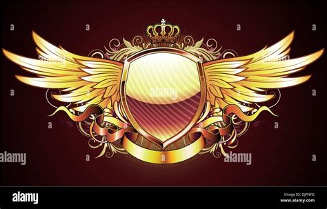 Vector Illustration Of Golden Heraldic Shield Or Badge With Two Wings