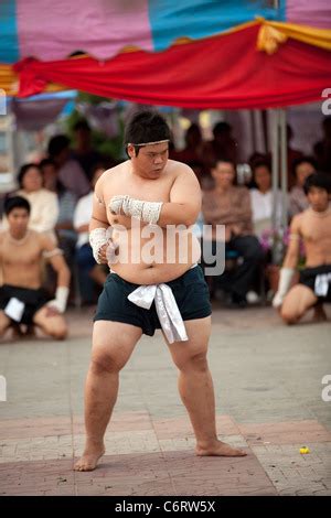 Thai Fat Man Performing Martial Art At Phayao Festival Thailand Stock