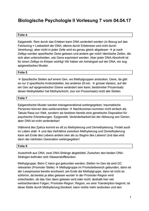 Biologische Psychologie Ii Vorlesung Folie Epigenetik Rein