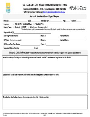 Ped I Care Out Of State Authorization Request Form Peds Pedicare