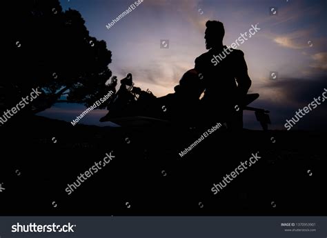 Biker On Motorcycle Posing Sunset Silhouette Stock Photo 1370953901 ...