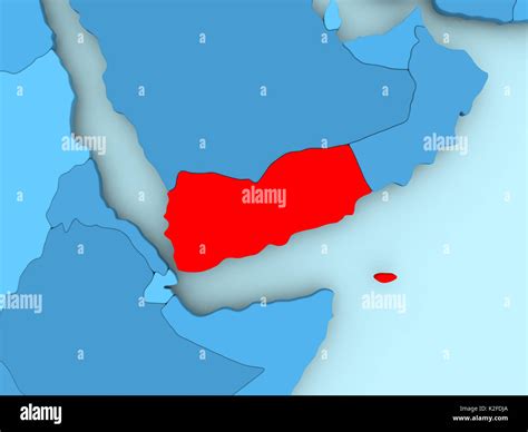 Yemen In Red On Blue Political Map 3D Illustration Stock Photo Alamy