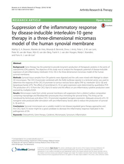 (PDF) Suppression of the inflammatory response by disease-inducible interleukin-10 gene therapy ...