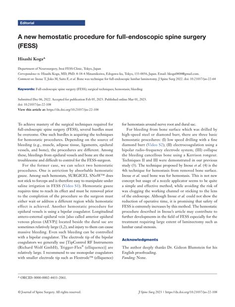 PDF A New Hemostatic Procedure For Full Endoscopic Spine Surgery FESS