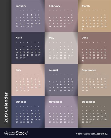 Colorful year 2019 calendar template Royalty Free Vector