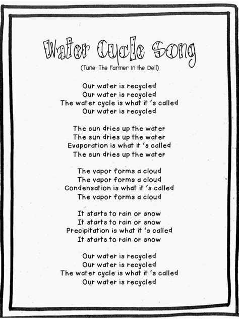 a poem written in black and white with the words water cycle song on it's side