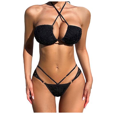 Qxutpo Womens Swimsuits Solid Color Mesh Triangle Sexy Bikini Lace Up