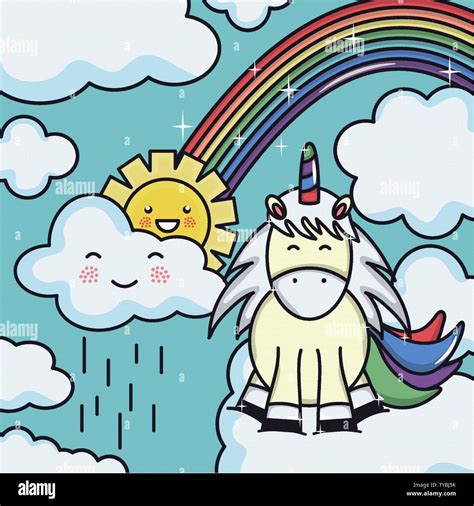 Cute Adorable Unicorn With Clouds Rainy And Rainbow Vector Illustration