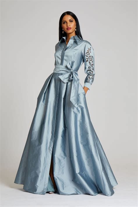 Taffeta Shirtdress Gown With Eyelet Sleeve And Collar Artofit