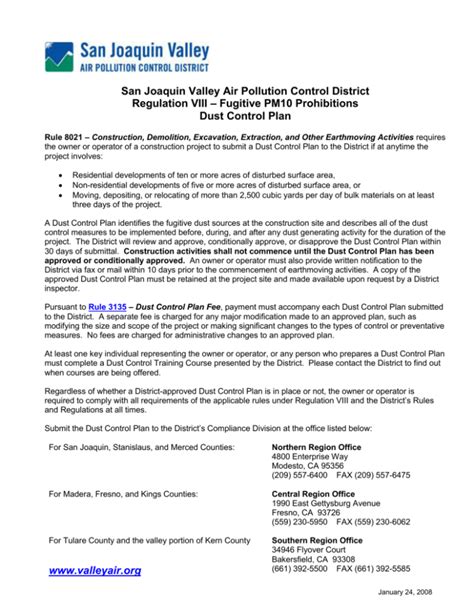 Dust Control Plan Template San Joaquin Valley Air Pollution