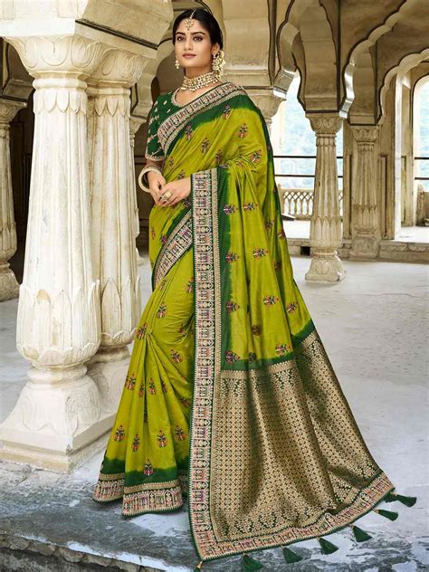 Green Colour Raw Silk Fabric Indian Women Saree