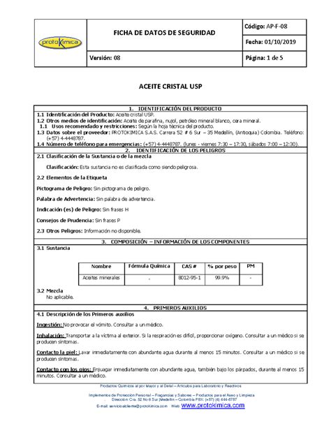 Aceite Cristal Fds Ficha De Datos De Seguridad Fecha