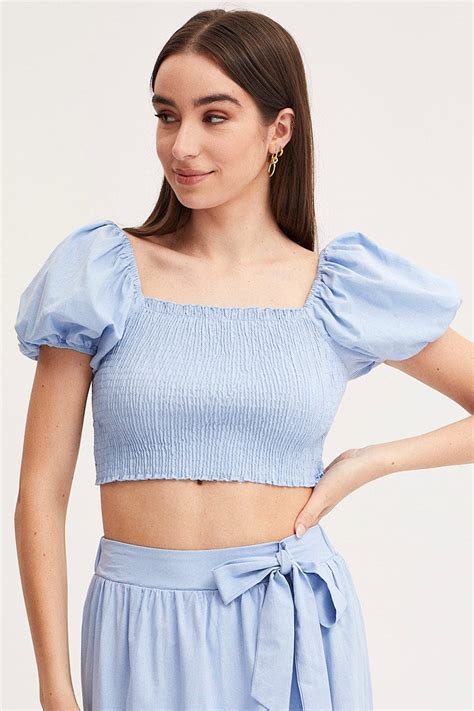 Womens Blue Crop Top Short Sleeve Ally Fashion