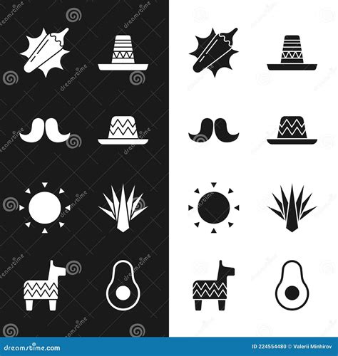 Set Mexican Sombrero Mustache Hot Chili Pepper Pod Sun Agave Avocado Fruit And Pinata Icon