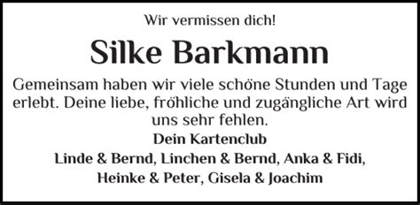 Traueranzeigen Von Silke Barkmann Sh Z Trauer