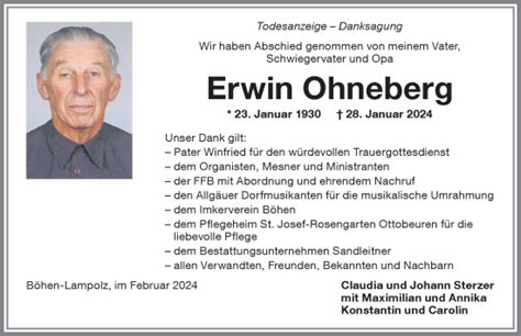 Traueranzeigen Von Erwin Ohneberg Allg Uer Zeitung