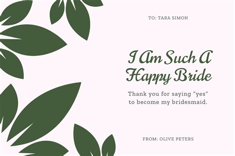 Free Thank You For Being My Bridesmaid Card Template Edit Online