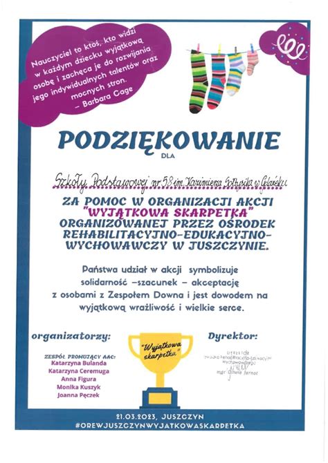 Podziękowanie za udział w akcji Wyjątkowa skarpetka Szkoła