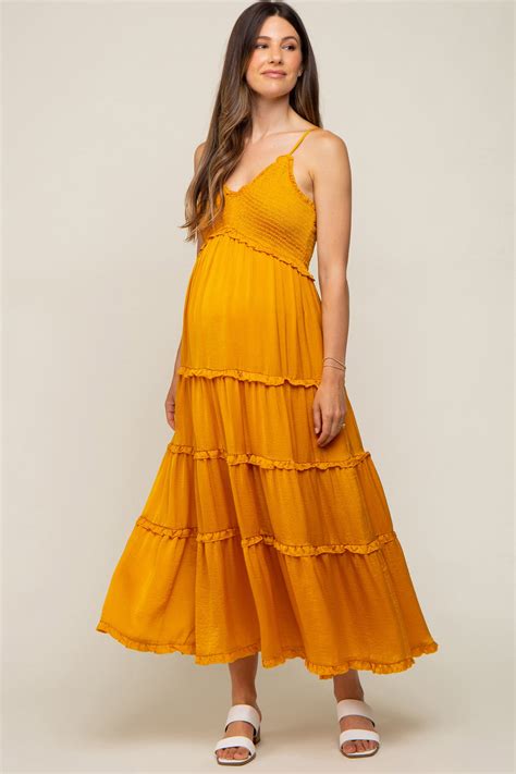 Yellow Gold Smocked Ruffle Tiered Maternity Maxi Dress Pinkblush