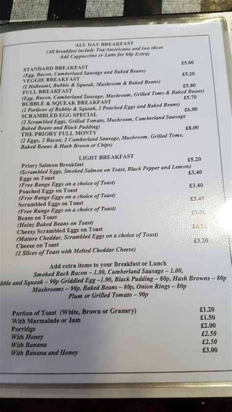 Menu at The Priory Cafe, Ruislip