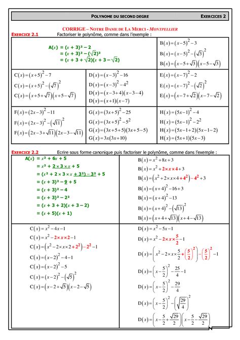 factorisation polynôme degré 2 exercices