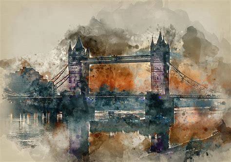 Watercolour Painting Of Stunning Autumn Fall Sunrise Over Tower Bridge