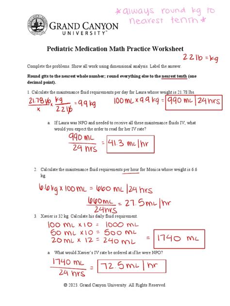 Pediatric Medication Math Practice Worksheet Pdf Intravenous Therapy Medical Treatments