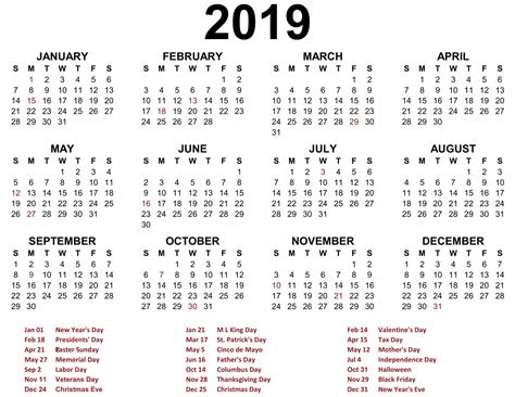 Printable Calendar 2019 Excel