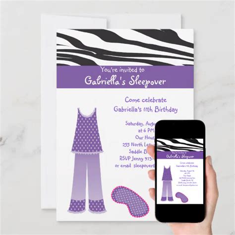 Purple Pjs Zebra Sleepover Birthday Invitation Zazzle