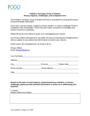 Pediatric Oncology Of Ontario External Privacy Complaint Doc Template