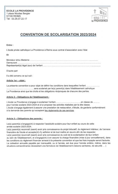 Contrat de scolarisation Établissement St André Maternelle