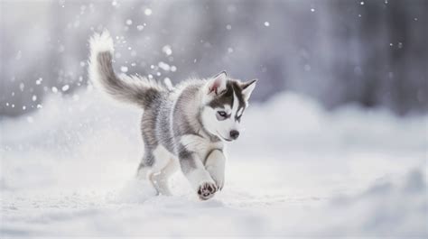 Husky Puppy In Snow Cute Winter Dog Playful Puppy In Winter Landscape