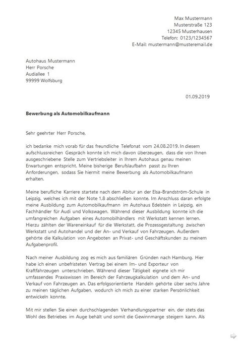 Muster Bewerbung Ausbildung Automobilkaufmann