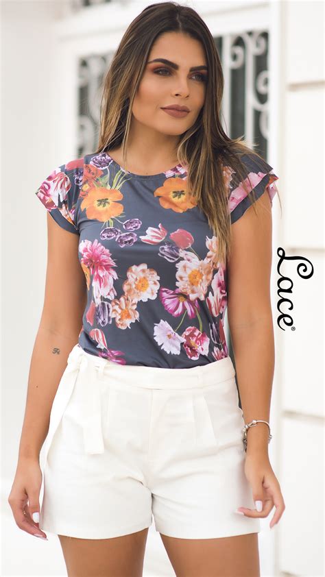 Lace Moda Femininablusa Estampada Blusa Floral Blusa Com Detalhes Na Manga Blusa Com