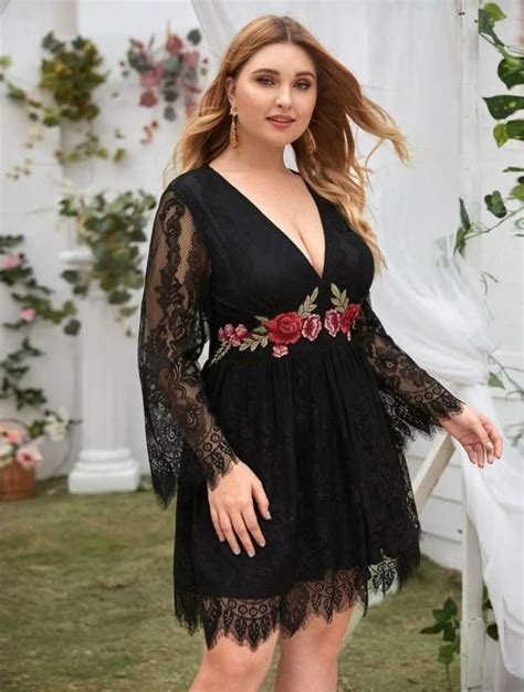 Shein Plus Plunging Neck Embroidered Flower Applique Lace Overlay Dress