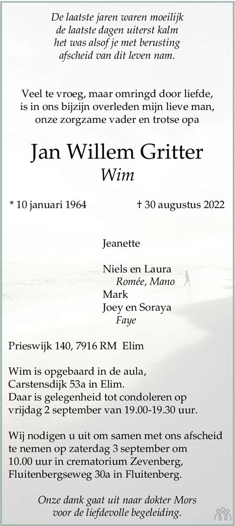 Jan Willem Wim Gritter Overlijdensbericht En Condoleances