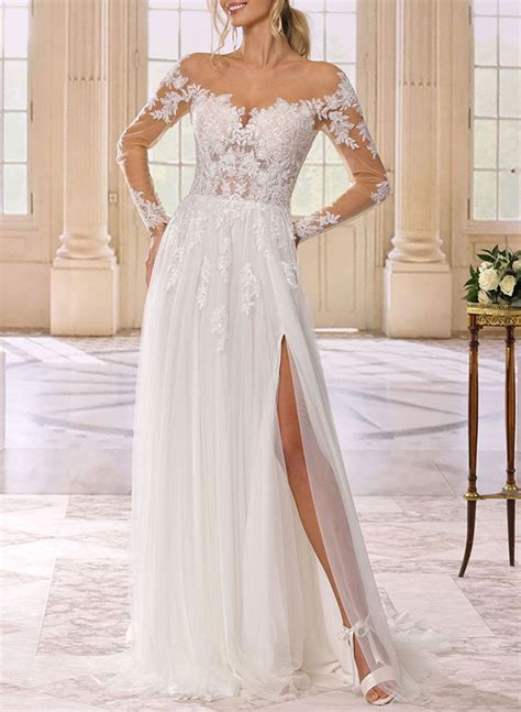 A Line Illusion Neck Long Sleeves Lace Tulle Wedding Dresses With Split